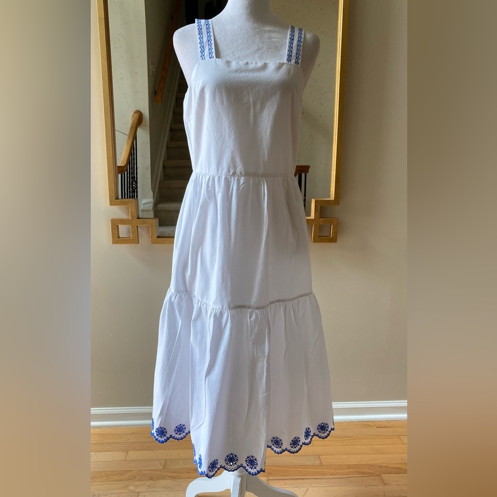 J. Crew Embroidered Saffron scalloped tiered white blue trim dress $128 - Picture 2 of 15